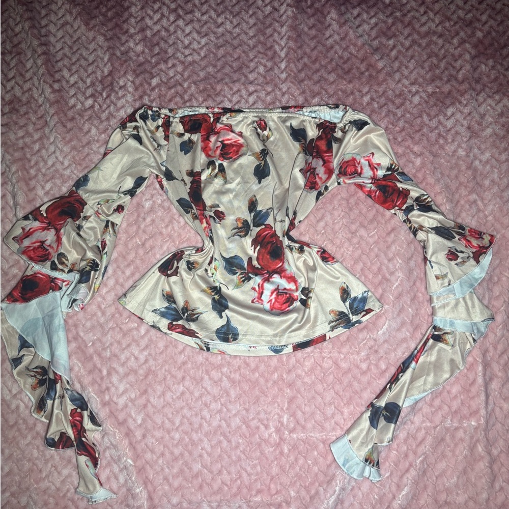 Floral Off-Shoulder Top - Red & Cream with waterfall sleeves Perfect for spring